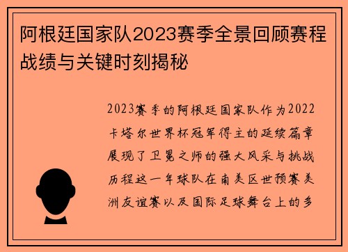 阿根廷国家队2023赛季全景回顾赛程战绩与关键时刻揭秘